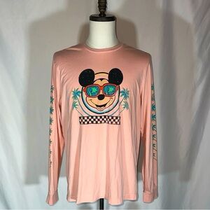 Disney • Mickey Mouse Adult L Peach Pullover Long Sleeve Shirt Palm Trees Retro